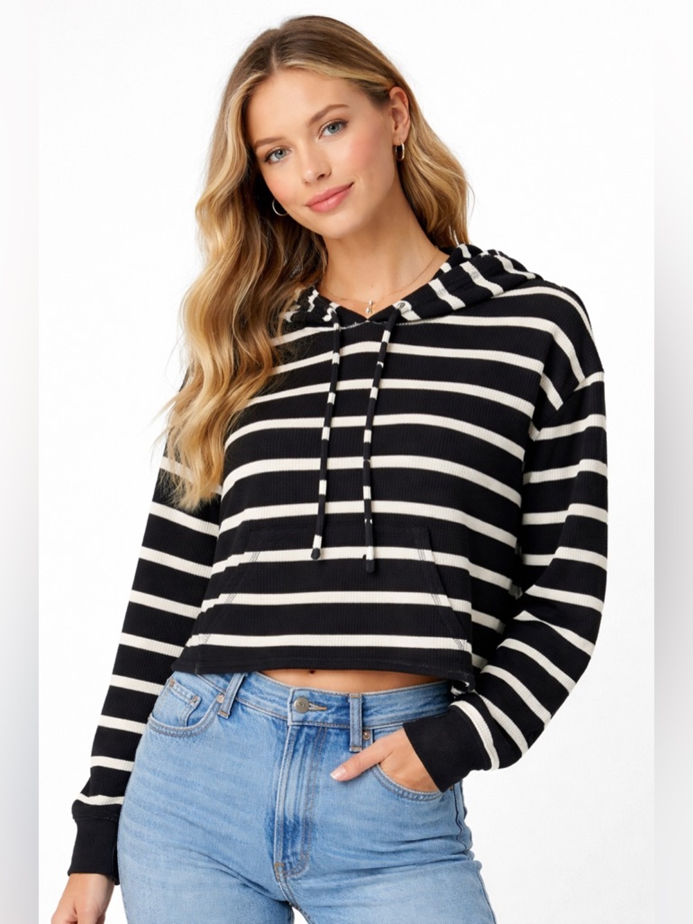 Chaser Black White Striped Hoodie Cropped Waffle Knit Pullover Size S Casual